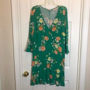 LOFT Outlet Floral Green Faux Wrap Dress 3/4 Sleeves Size 16
